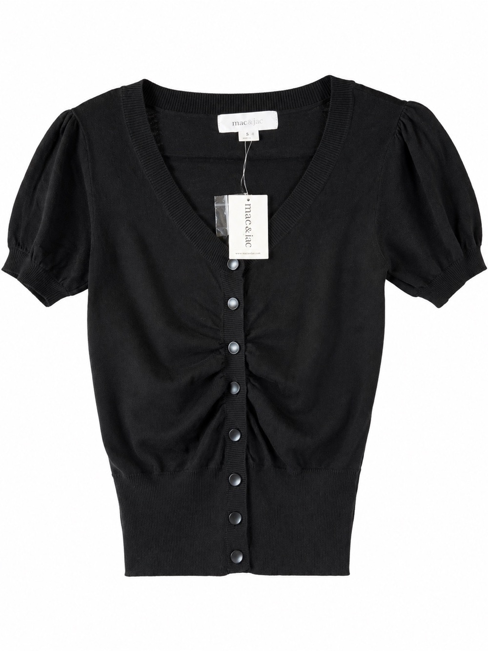 mac & jac Black Button-Front V-Neck Puff Sleeve Top
